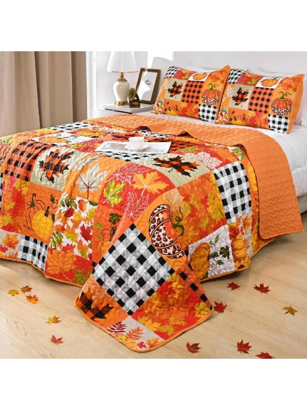 Cozy Fall Patchwork Quilt Bedding Set - Queen Size for Thanksgiving Decor